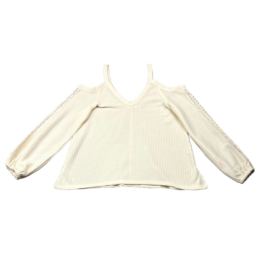 Eyeshadow Cold Shoulder Top Womens Small Beige Stretch Waffle Knit V Neck Winter